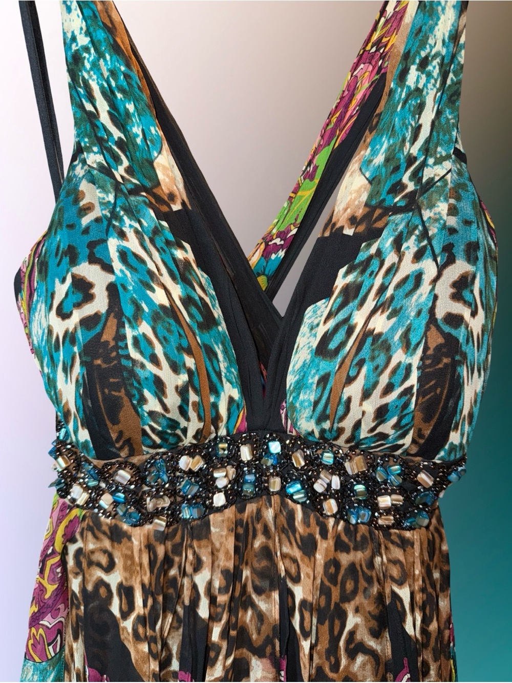 JOVANI 100% Silk Beaded Animal Print Handkerchief Hem Maxi Dress - Picture 3 of 10